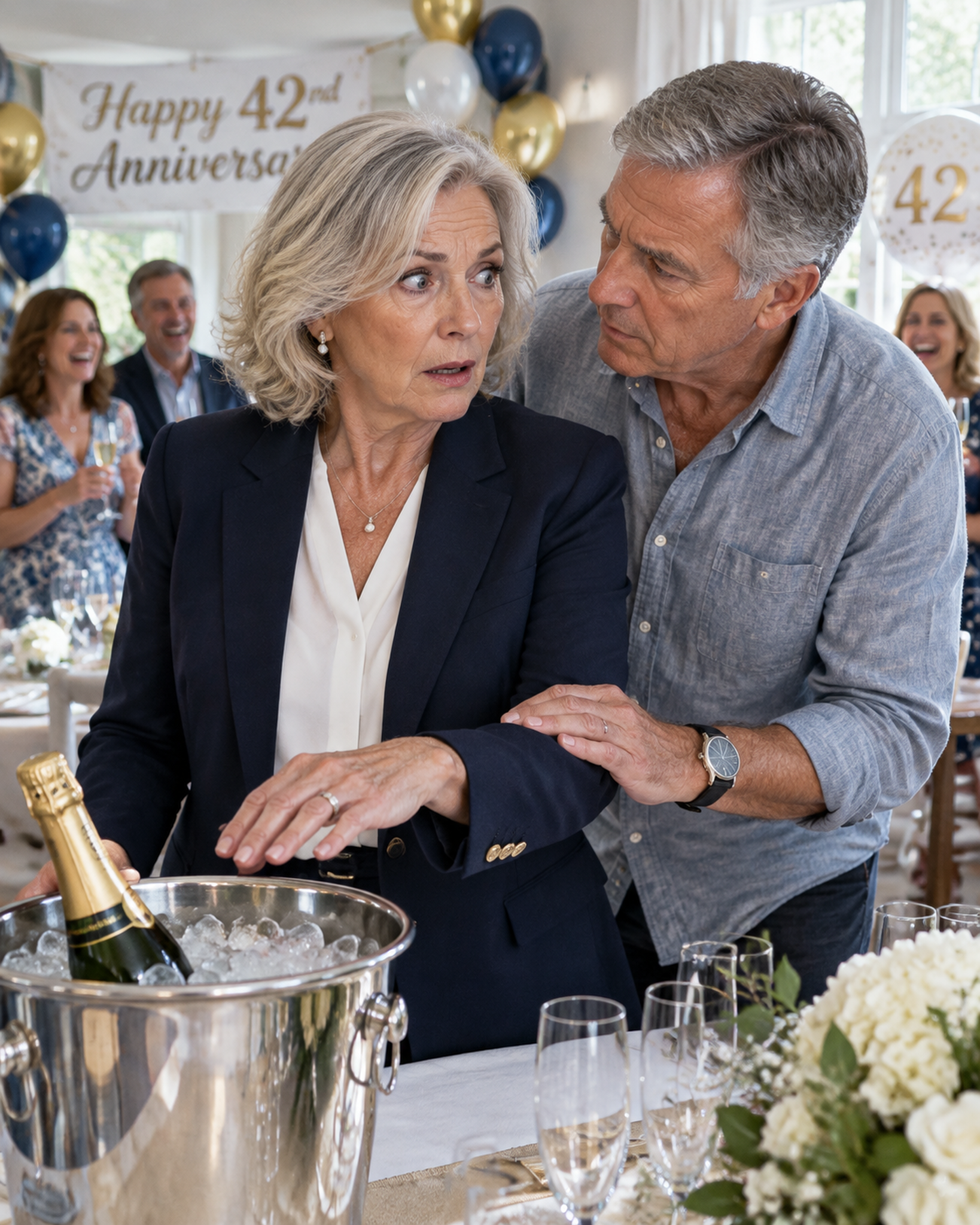 My Husband Whispered “Pretend You’re Sick” At Our 42nd Anniversary Party—Then Pointed Beneath Our Champagne Bucket.