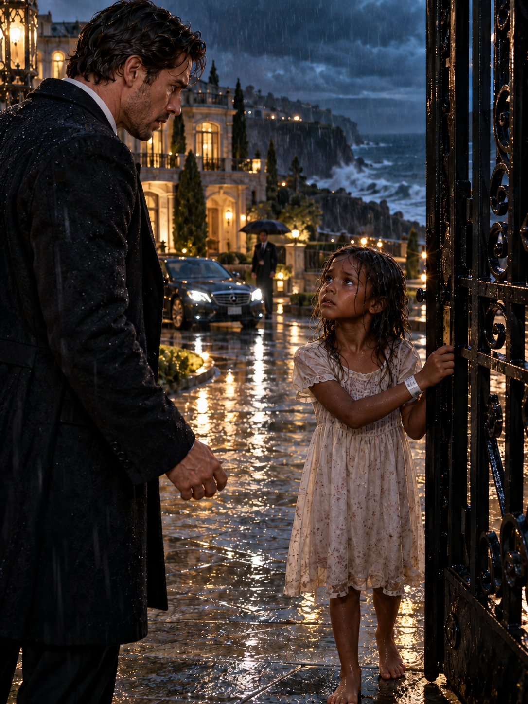 SEVEN YEARS AFTER HE BURIED HIS DAUGHTER, A BAREFOOT GIRL CAME THROUGH A STORM CALLING HIM “DAD”—AND CARRIED THE ONE CLUE THAT COULD DESTROY HIS FAMILY’S PAST THE LITTLE GIRL HAD BEEN STANDING BAREFOOT OUTSIDE HIS IRON GATE FOR TWENTY MINUTES WHEN SHE LOOKED THROUGH THE RAIN AND CALLED HIM “DAD.” SEVEN YEARS EARLIER, DORIAN MERCER HAD BEEN TOLD HIS NEWBORN DAUGHTER DIED THE SAME NIGHT HE LOST HIS WIFE. THEN HE SAW THE CRACKED HOSPITAL BAND AROUND THE CHILD’S WRIST—AND REALIZED SOMEONE MIGHT HAVE BURIED A LIE INSTEAD OF HIS DAUGHTER. – Life Story
