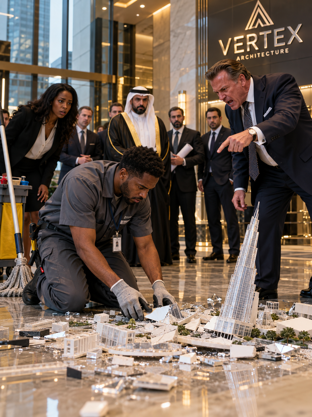 THE CEO MADE A BLACK JANITOR CLEAN UP HIS SHATTERED TOWER MODEL IN FRONT OF EVERYONE—THEN THE BILLIONAIRE CLIENT ASKED A QUESTION NO EXECUTIVE COULD ANSWER – Life Story